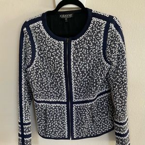 Grayse navy jacket with white confetti beads and front zip, perfect condition